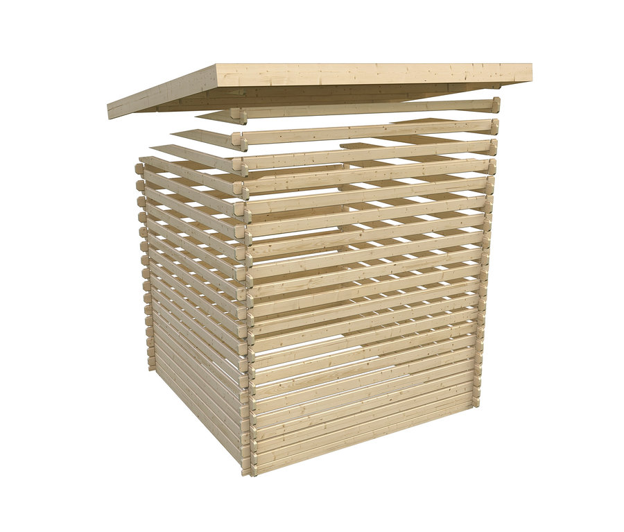 Unfertige Holzkonstruktion des Karibu Gartenhaus mit 2 separaten Räumen, 38 mm (Sanura 4).