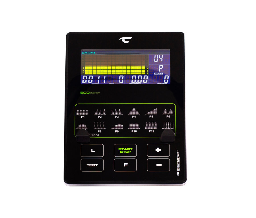 Schwarzes Bedienfeld des Christopeit Sport-Eco-Heimtrainer-Ergometer »EMT 2400« mit grünen Akzenten und verschiedenen Tasten.