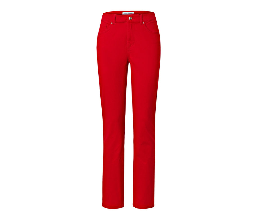 Eine rote Coloured Denim Hose auf weißem Hintergrund.