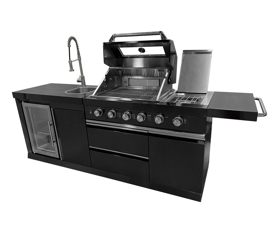 Schwarze Buschbeck-Outdoorküche »Cambridge« mit Grill, Spüle und Kühlschrank.