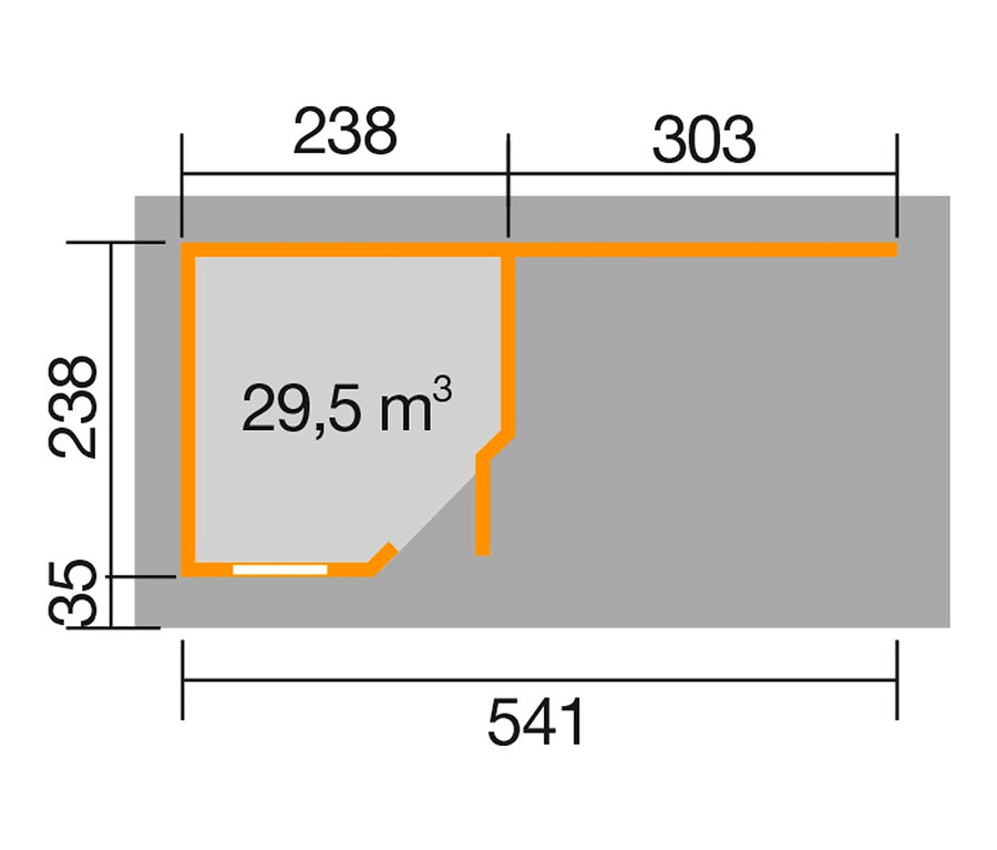 Grundriss des hellgrauen WEKA Gartenhauses mit Eck-Eingang und Anbau, 541 x 238 Zentimeter.