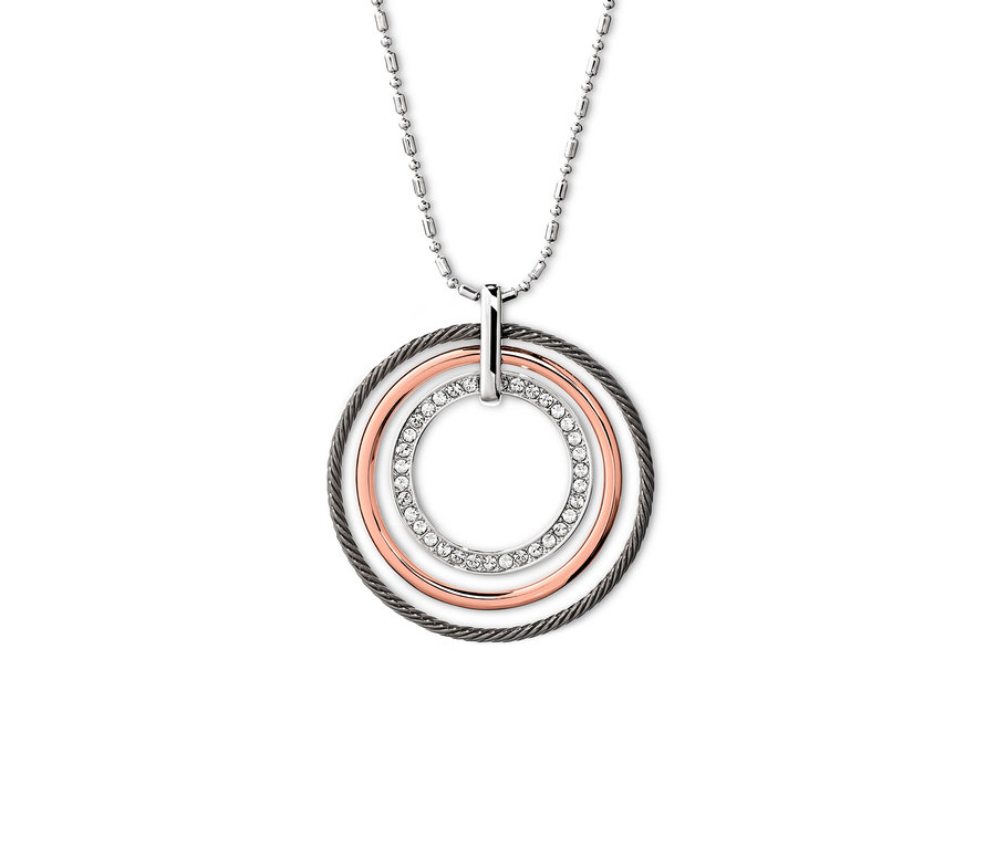 Eine silberfarbene Kette veredelt mit Kristallen von Swarovski®, bestehend aus drei Ringen. Einer ist silberfarben mit Kristallen, einer kupferfarben und einer grau.
