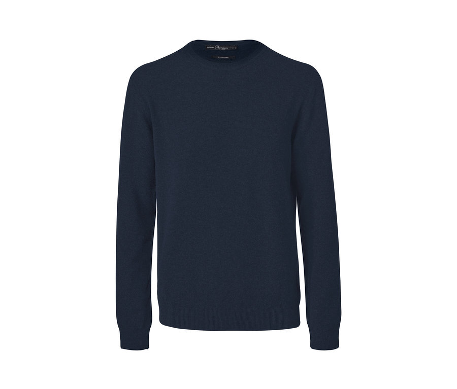 Dunkelblauer Cashmere-Pullover mit Rundhalsausschnitt.
