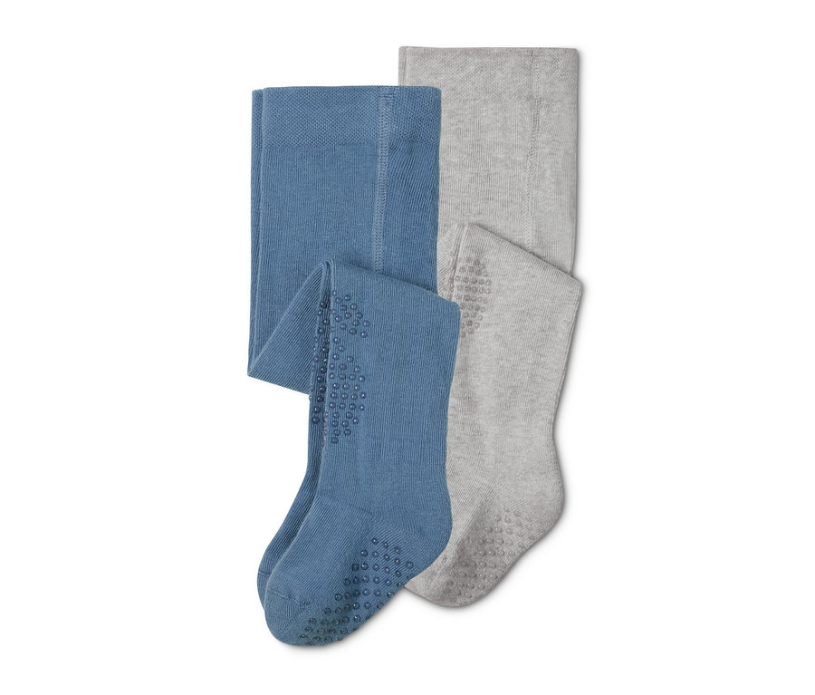 Zwei Strumpfhosen: eine blaue mit Antirutsch-Noppen an den Füßen, eine graue.