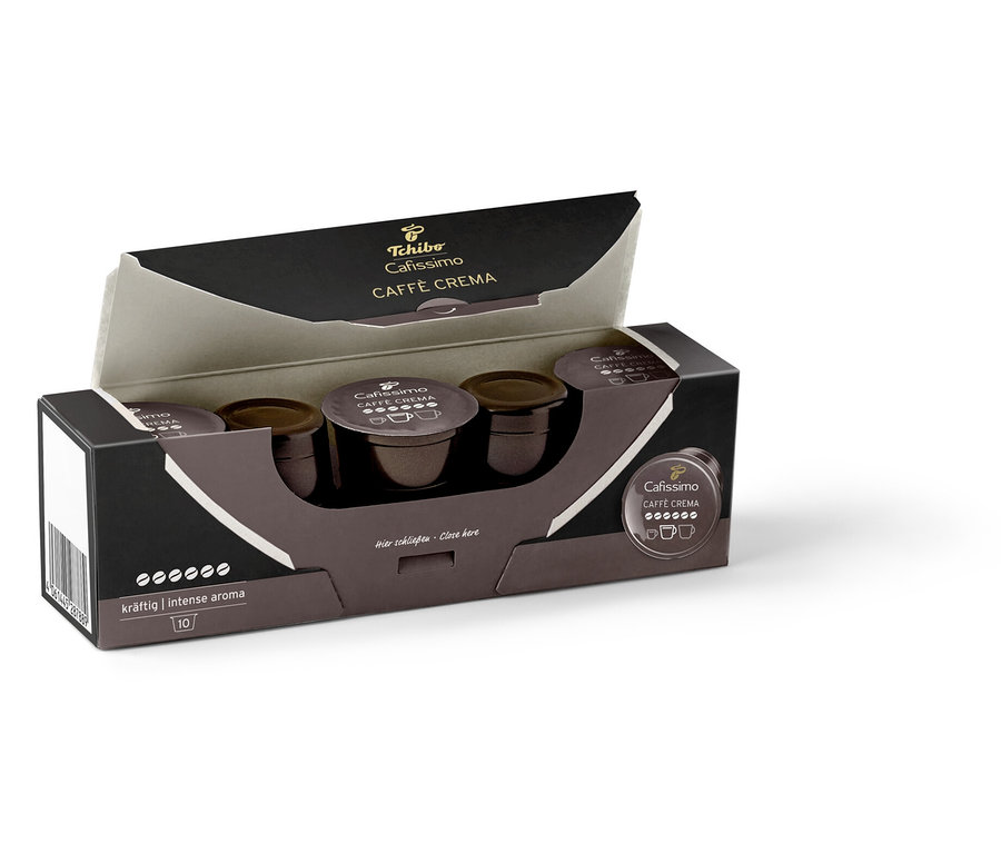 Geöffnete Packung mit zehn Cafissimo Caffè Crema kräftig Kapseln.