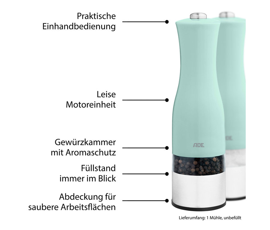 Zwei mintfarbene elektrische Salz- und Pfeffermühlen von ADE stehen nebeneinander.