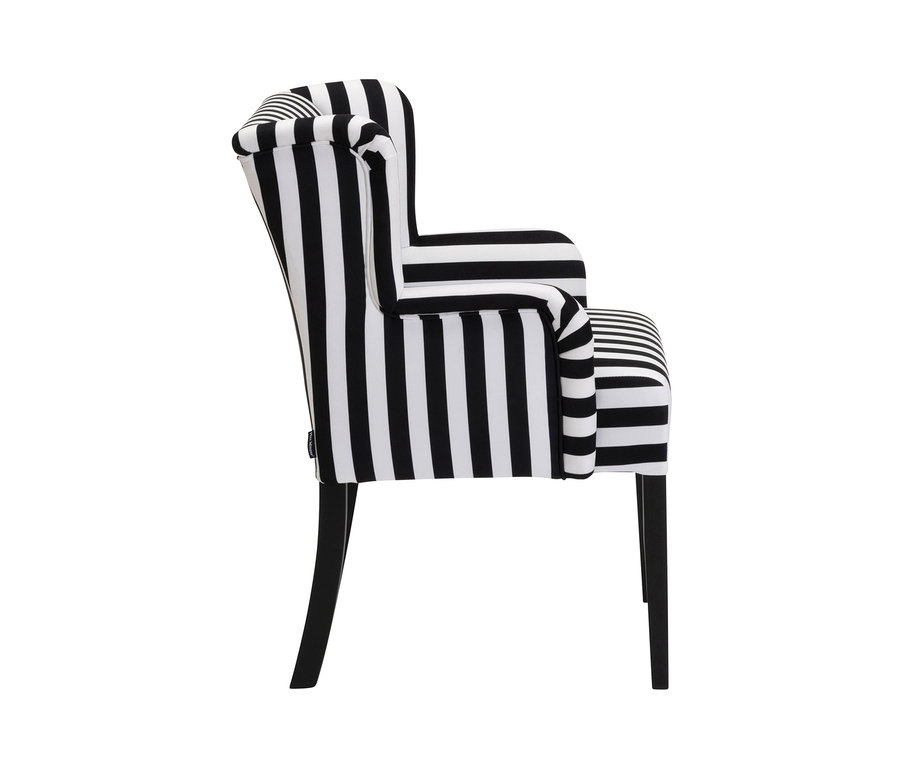 Seitenansicht von Polsterstuhl »Hendrick« mit Armlehne, schwarz/weiß gestreift.