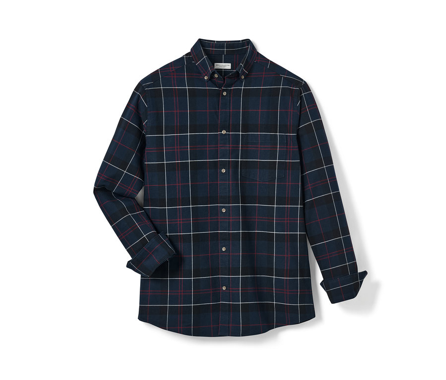 Marineblaues Flanell-Hemd mit Karomuster und langen Ärmeln.