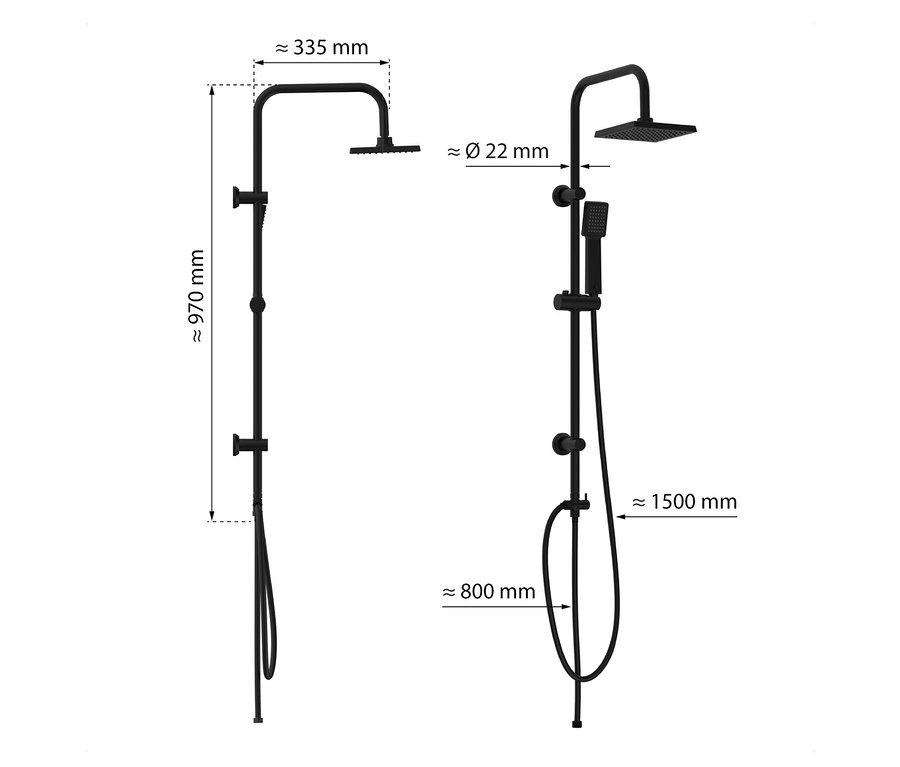 Abbildung eines Easy Energy Überkopf-Brausesets mit Massangaben.
