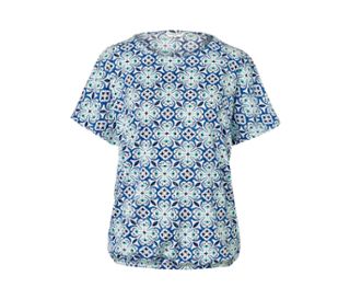 Weiß mit blau-aquafarbenem Alloverprint
