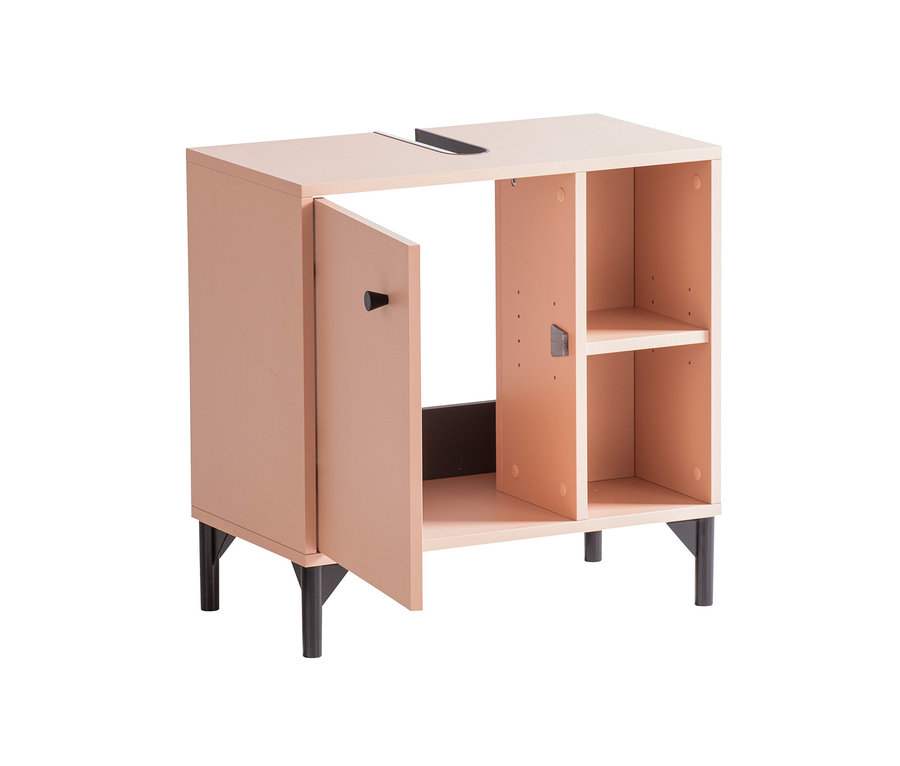 Geöffneter Waschbeckenunterschrank »Smash« mit Regalen und einer Tür.