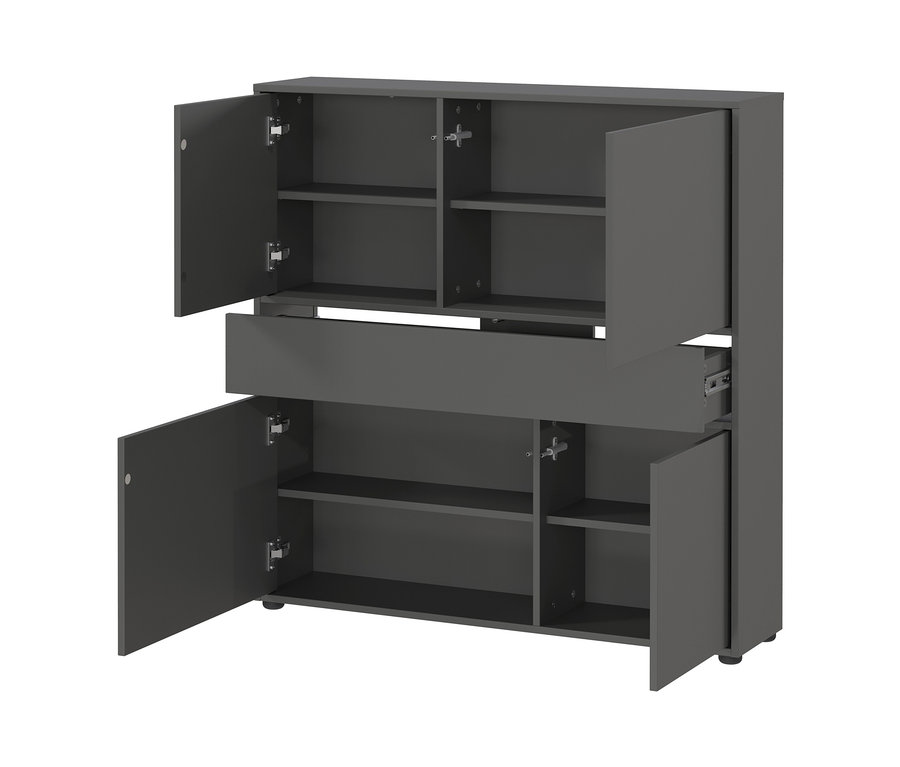 Grauer Ameca Mehrzweckschrank mit 4 Türen und einer Schublade, wobei Türen und Schublade geöffnet sind.