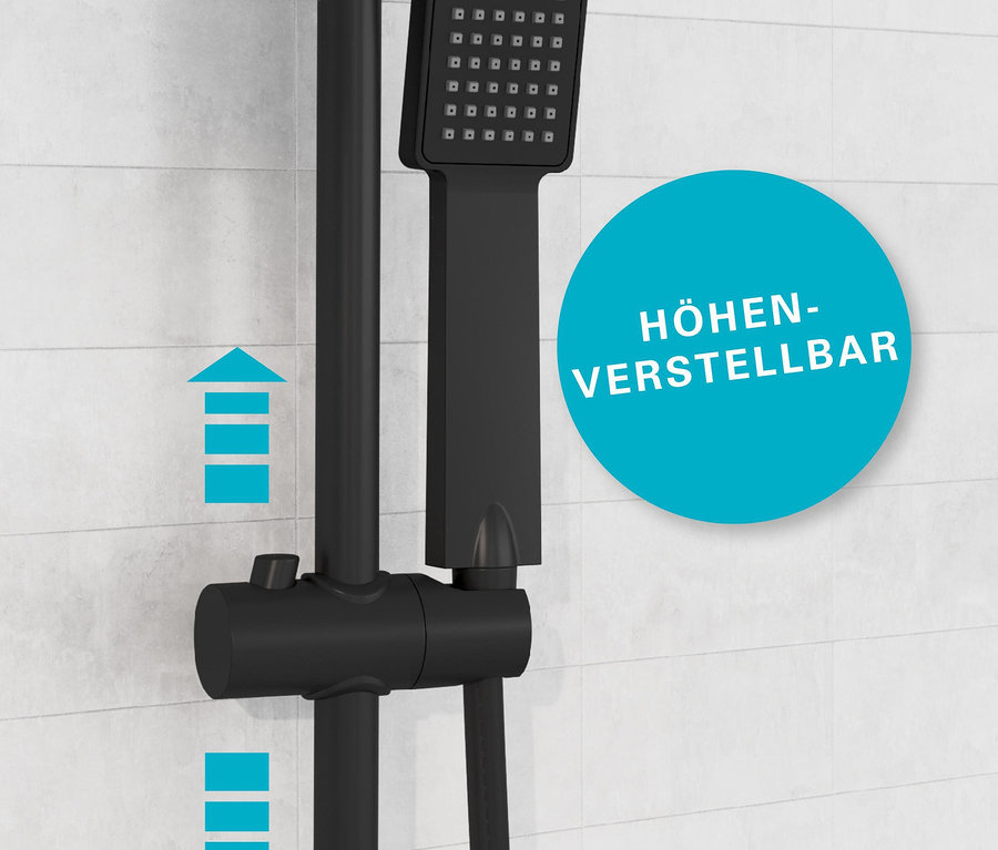Schwarzes Duschkopfset »Easy Energy« an gefliester Wand, mit blauen Pfeilen zur Darstellung der Höhenverstellbarkeit.