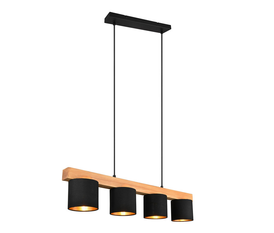 Eine schwarze Hängelampe mit vier Lampenschirmen hängt an einem Holzbalken.