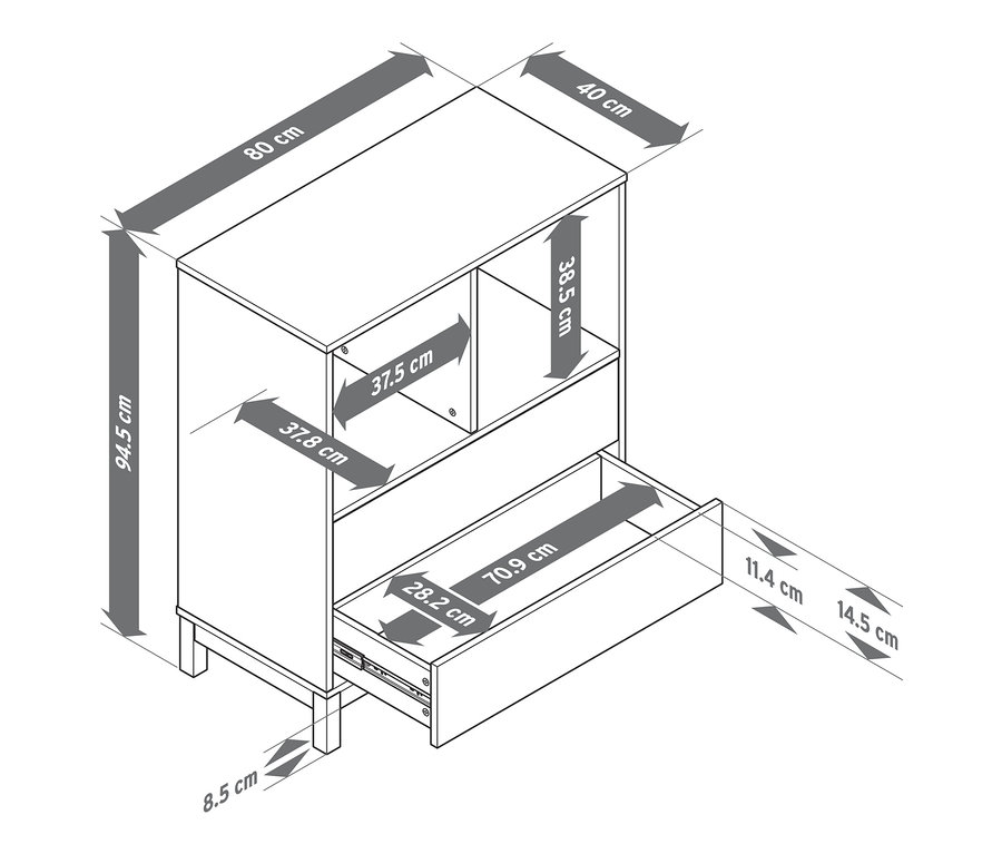 Abbildung einer Hochkommode mit 2 Schubladen und Massangaben.