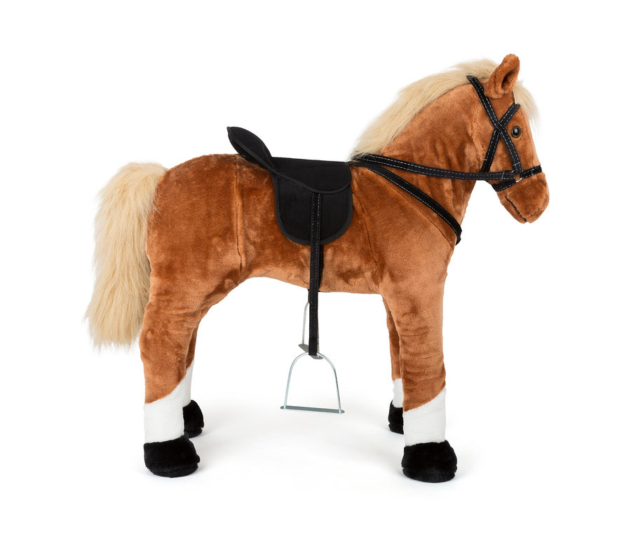Braunes Plüsch-Stehpferd mit schwarzem Sattel und Zaumzeug.