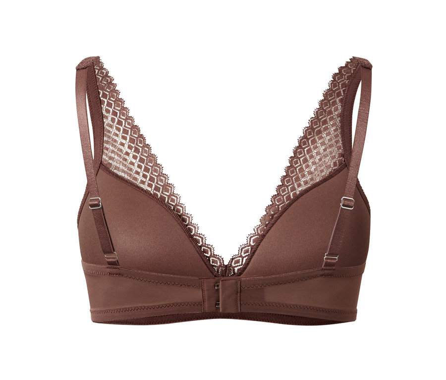 Kastanienbrauner Softschalen-BH, dessen Ausschnitt mit Spitze besetzt ist, abgebildet vor einem weißen Hintergrund.