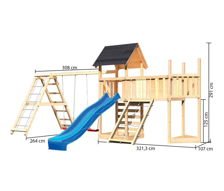 Karibu Kinderspielturm-Mega-Set »Lotti« mit Doppelschaukel, Rutsche, Anbauplattform und Klettergerüst.