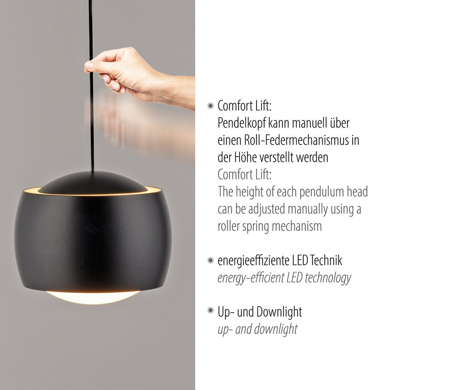 Hand verstellt die Höhe einer schwarzen LED-Hängeleuchte.
