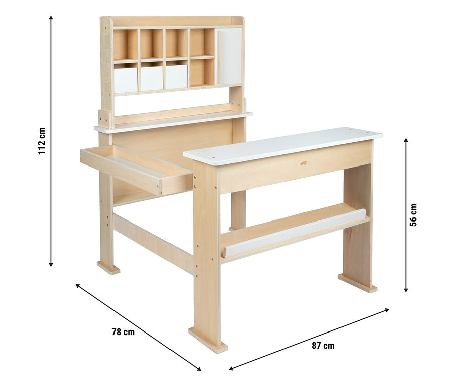 Kinderschreibtisch aus Holz mit Regalen und Abmessungen.