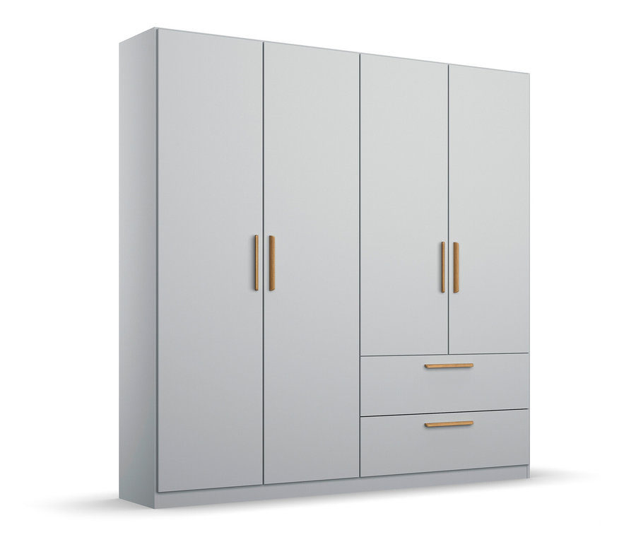 Seidengrauer, 4-türiger Drehtürenschrank »Skandi« mit zwei Schubladen und Holzgriffen.