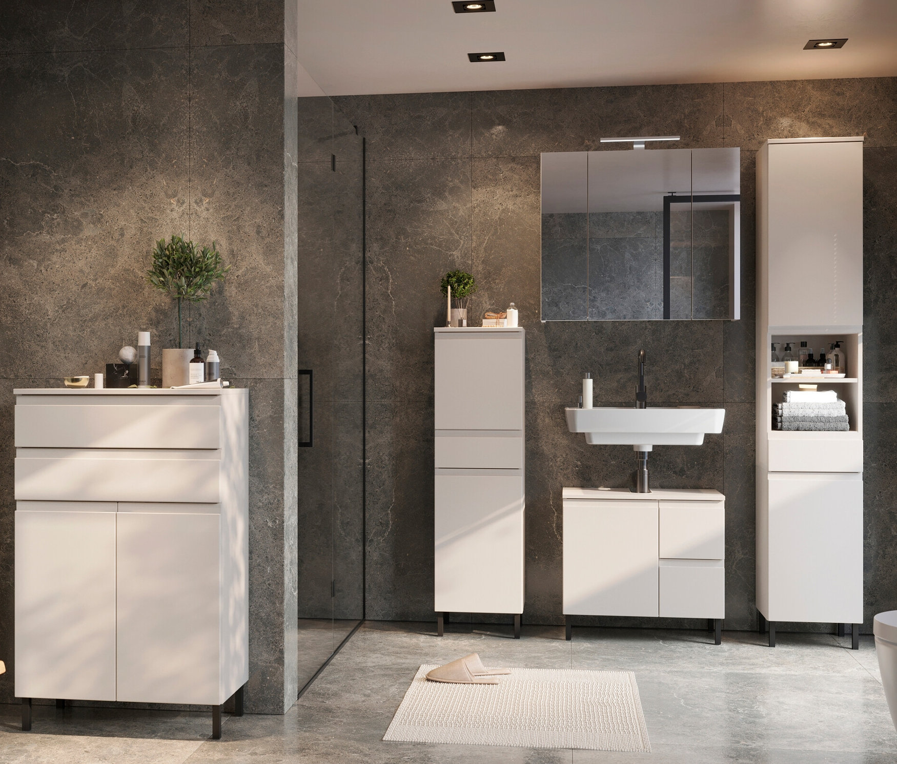 Graues Badezimmer mit Waschbecken, Spiegel und »Salinas« Waschbeckenunterschrank, klein, kaschmir.