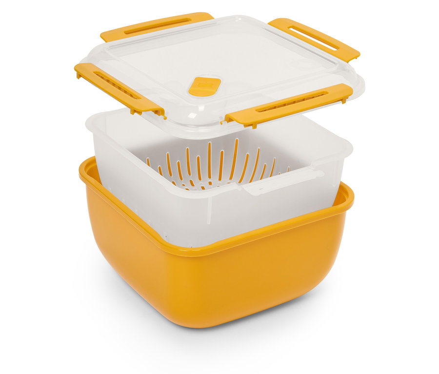 Gelber Küchenbehälter mit Sieb und transparentem Deckel.