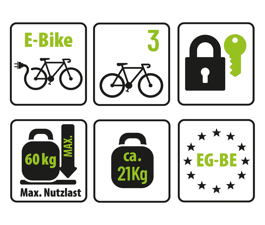Symbole für E-Bike, drei Fahrräder, Schloss mit Schlüssel, maximal 60 kg Nutzlast, circa 21 kg Gewicht und EG-BE.