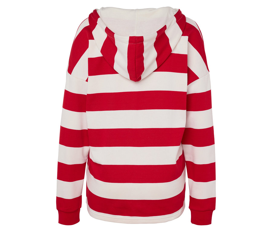 Rückansicht eines rot-weiß gestreiften Hoodies.