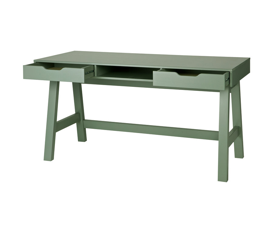 Grüner Woood Schreibtisch Nikki mit zwei ausgezogenen Schubladen.