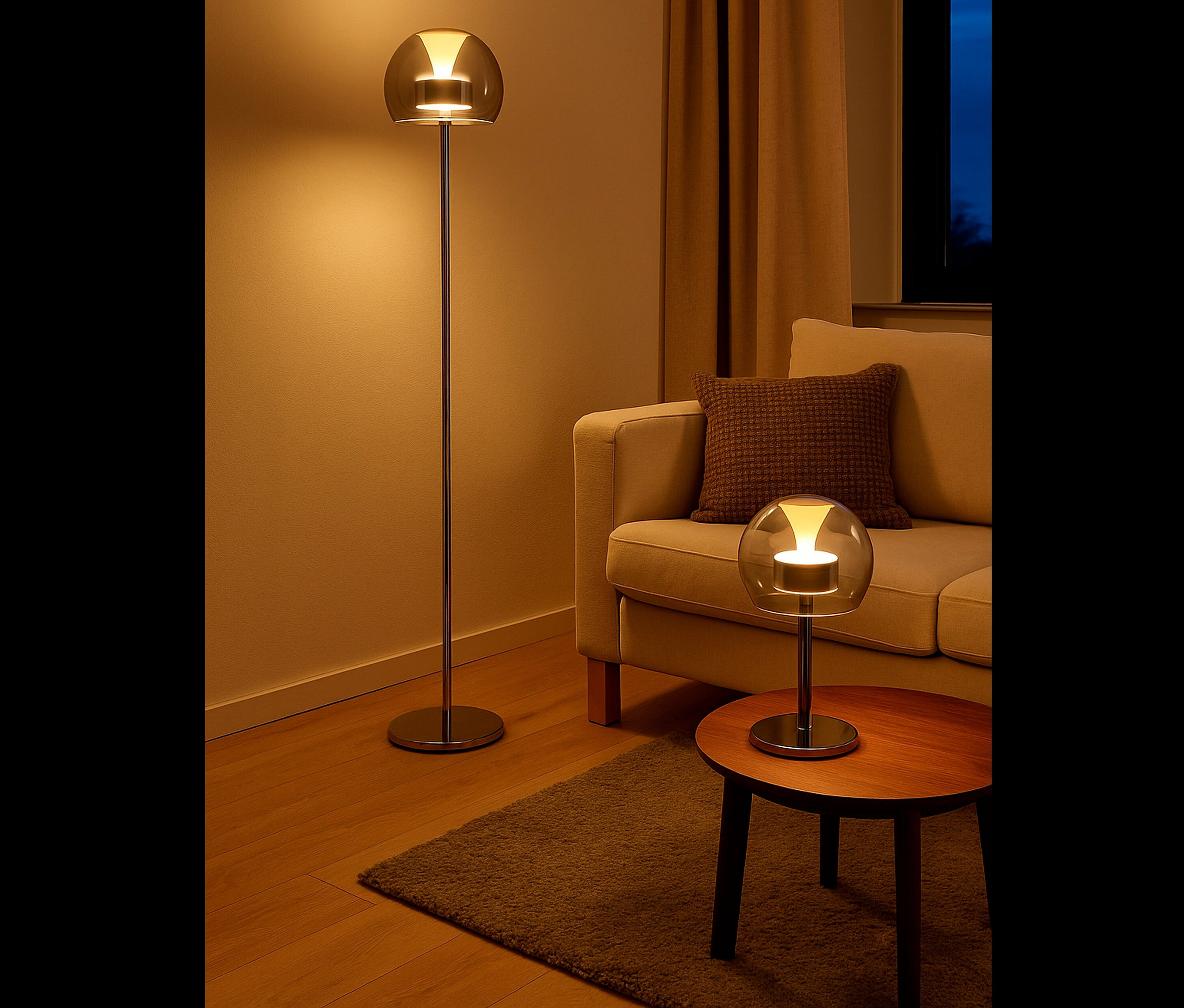 Stehlampe und Tischlampe mit rauchfarbenen Glasschirmen in einem Wohnzimmer.