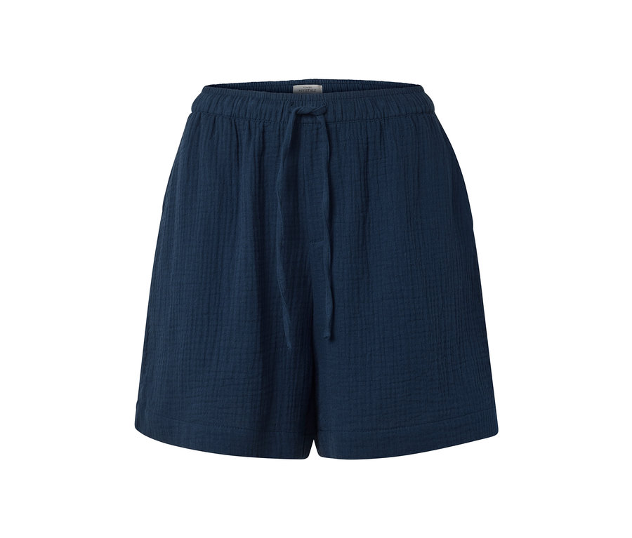 Marineblaue Musselin-Shorts mit elastischem Bund und Kordelzug.