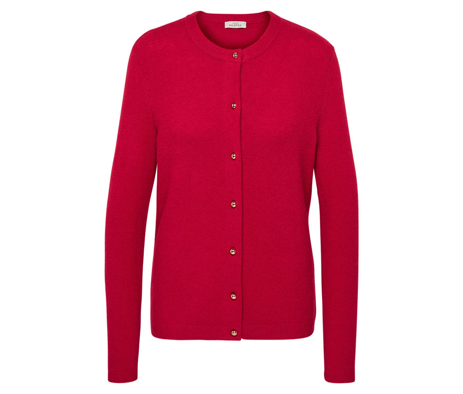 Roter Cardigan mit langen Ärmeln und Knöpfen.