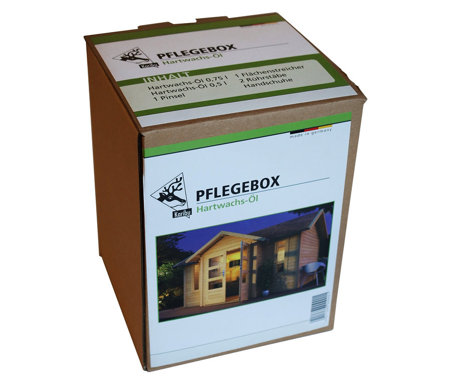 Eine Karibu Gartenhaus-Pflegebox für den Innenbereich vor einem weißen Hintergrund.