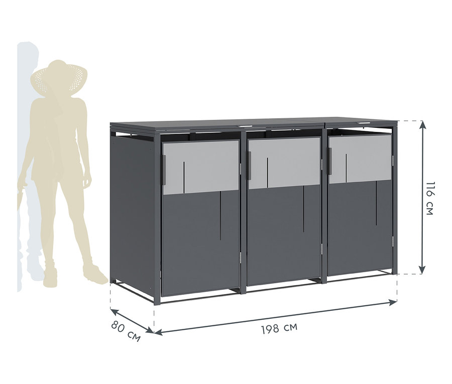 Silhouette einer Frau, die neben einer grauen Mülltonnenbox für 3 Mülltonnen steht.