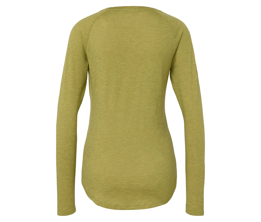 Rückansicht eines olivgrünen, langärmeligen T-Shirts.