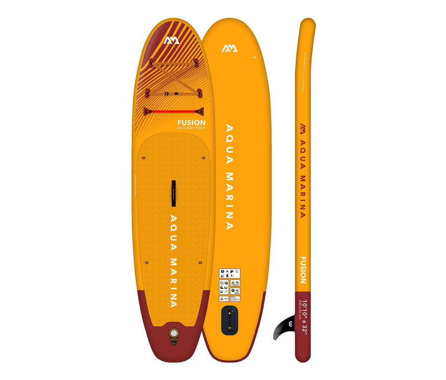 Ein gelbes Aqua Marina SUP Board »Fusion« 10'10" steht vertikal.