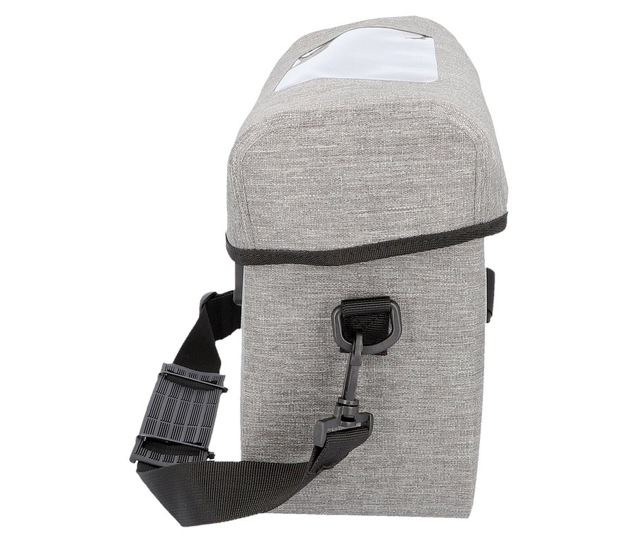 Graue FISCHER Lenkertasche PLUS Cita mit schwarzem Tragegurt und durchsichtigem Fach oben seitlich.