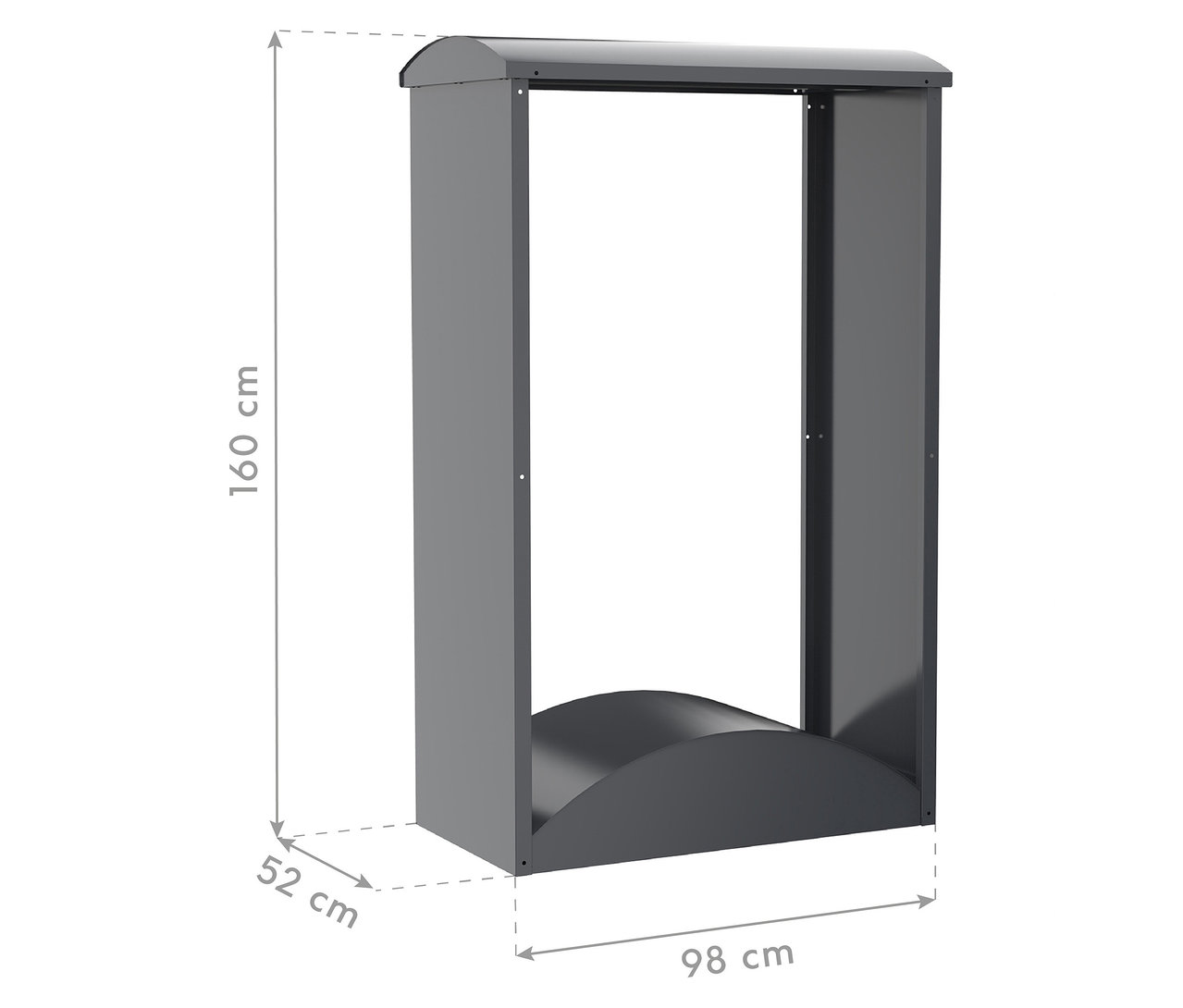 Grauer Fahrradunterstand mit den Maßen 160 cm Höhe, 98 cm Breite und 52 cm Tiefe.
