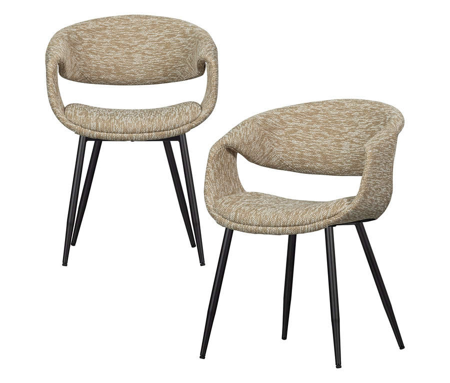 Zwei WOOOD Esszimmerstühle »Yossi« mit Metallfuß, 2er-Set, schwarz-sandfarben stehen auf weißem Grund.