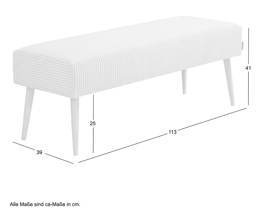 Weißer Polsterhocker mit vier hellen Holzbeinen und Maßangaben.