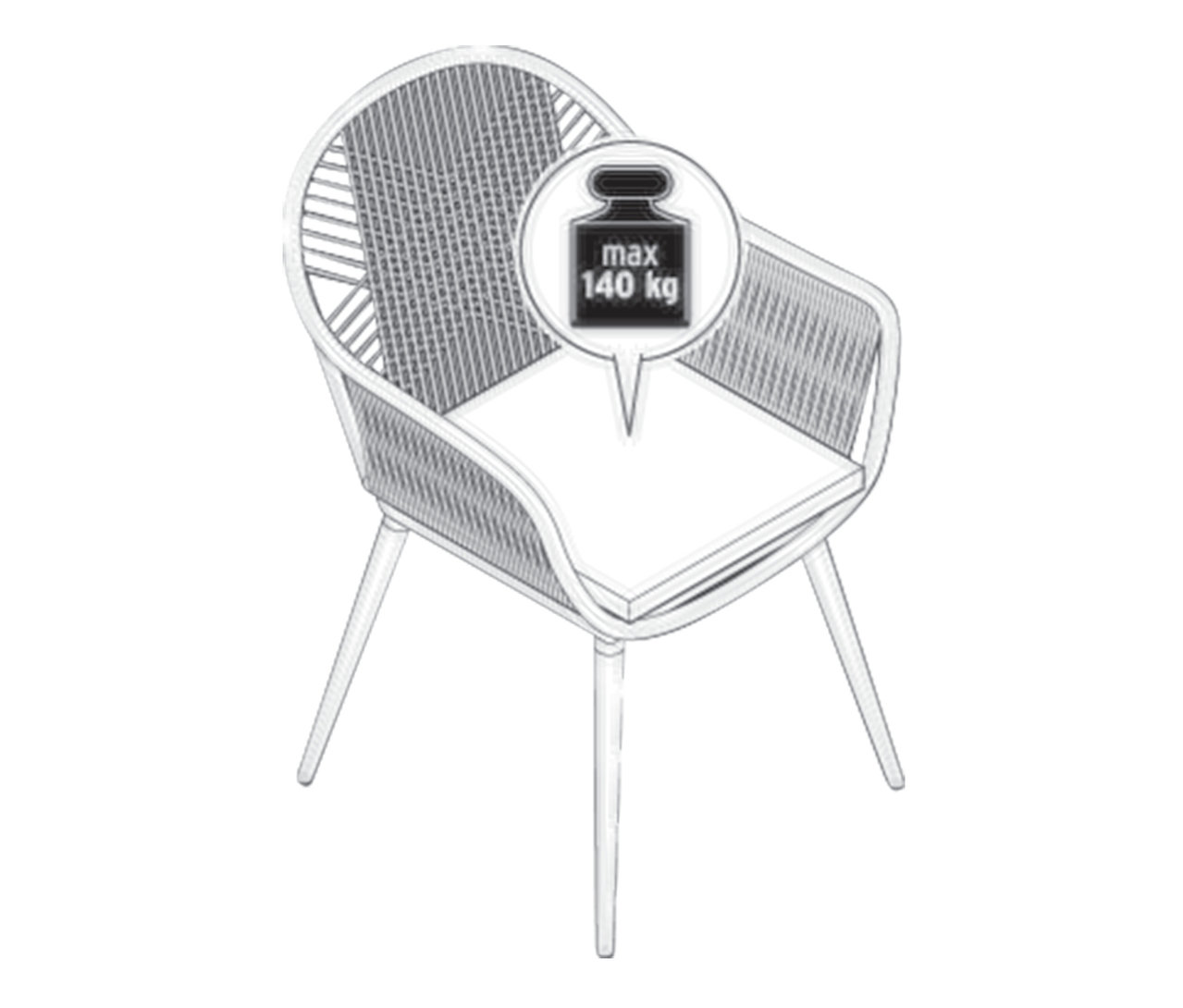 Illustration eines Schalenstuhls mit Textilgeflecht und einem maximalen Gewicht von 140 kg.