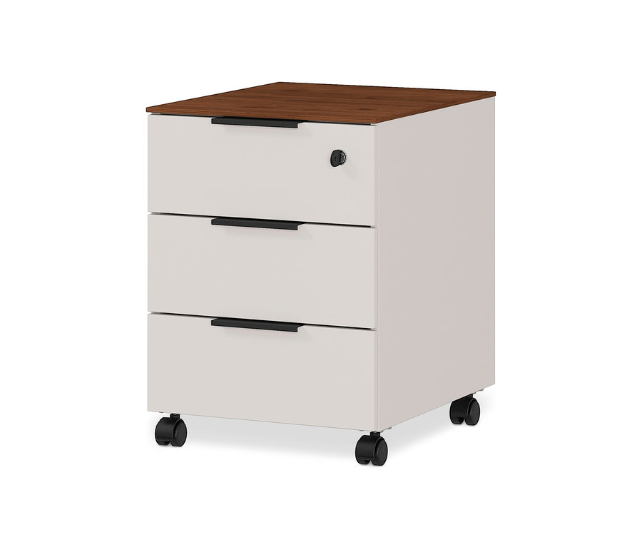 Weißer Rollcontainer »GW-ANCONA« mit drei Schubladen, brauner Oberseite und schwarzen Griffen.