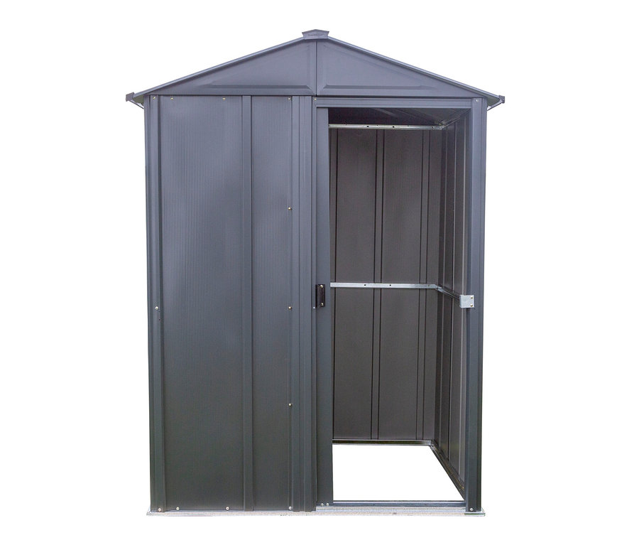 Graues Metallgerätehaus, ca. 150 x 120 cm, mit teilweise geöffneter Schiebetür.
