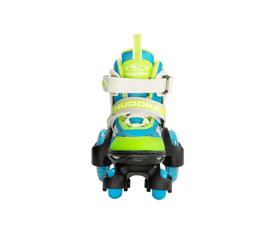 Blau-grüne HUDORA Rollschuhe »My First Squad« LED von vorn.