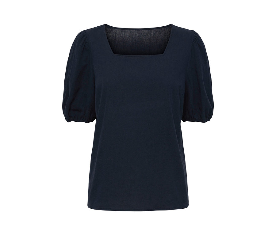 Dunkelblaue Bluse mit kurzen Puffärmeln und eckigem Ausschnitt.