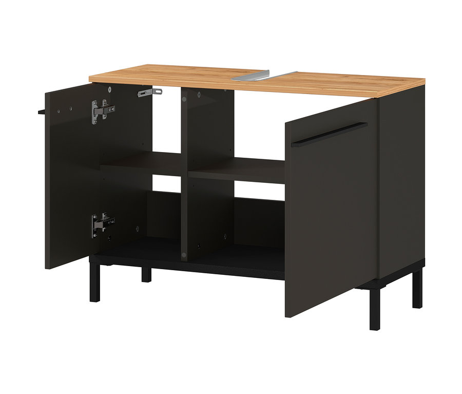 Geöffneter graphitfarbener Waschbecken-Unterschrank »Yonkers«.