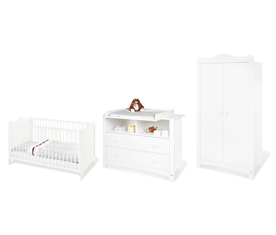 Weißes Kinderbett, Kommode und Schrank aus dem 3-teiligen Pinolino Set »Florentina« extrabreit.