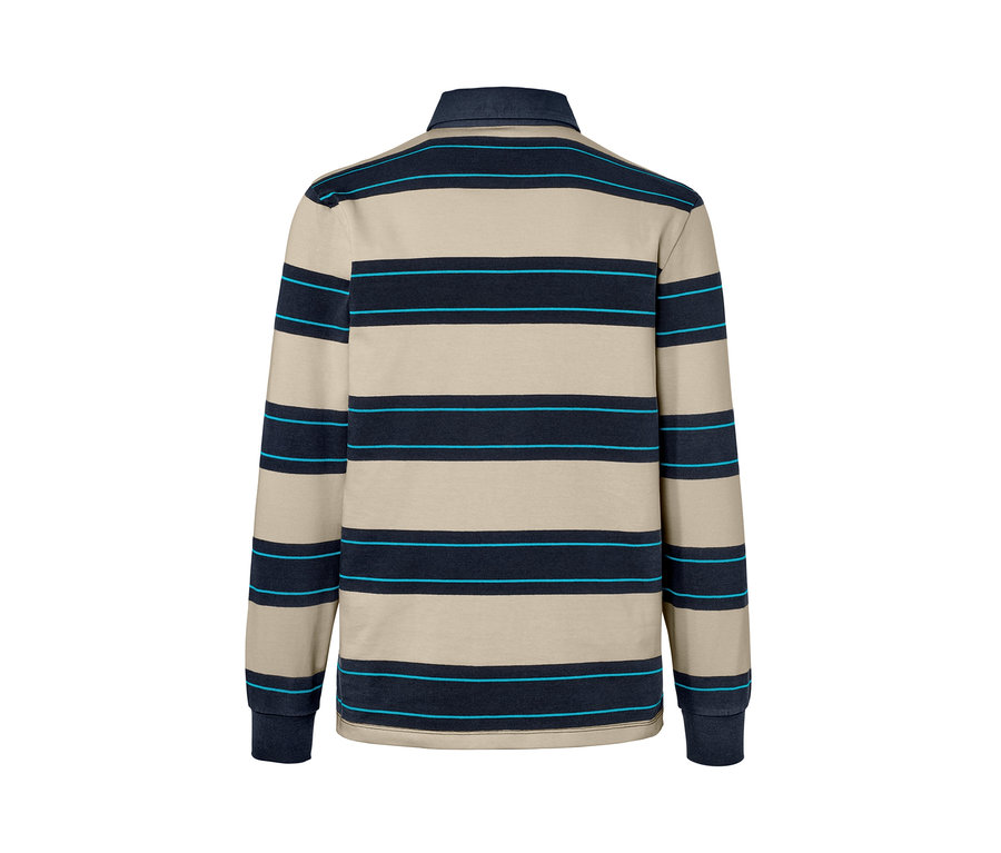 Detailansicht der Rückseite eines Langarm-Poloshirts mit beige- und marineblauen Streifen und hellblauen Akzenten.