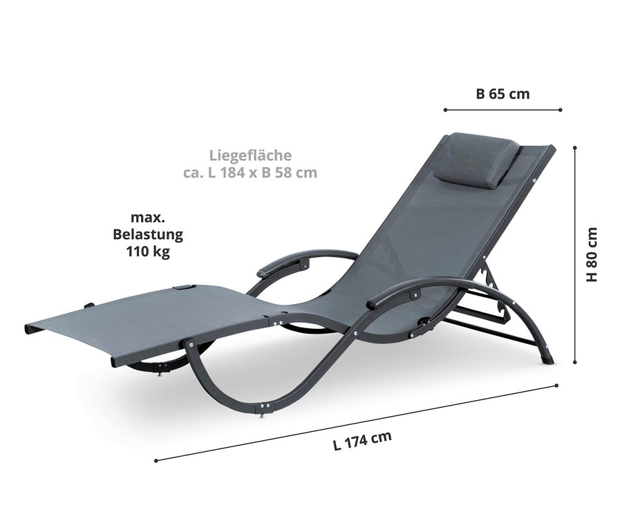 Graue Leco Sonnenliege mit verstellbarer Rückenlehne und den Maßen 174 x 65 x 80 cm.